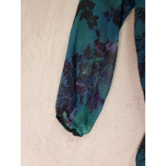Lily Rose Blouse Top Womens Size Small Teal Floral Sheer Long Sleeve Round Neck - Picture 6 of 9